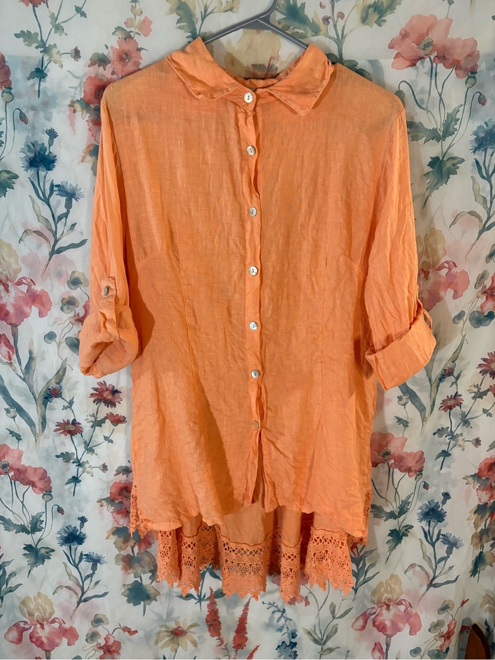 Women’s Peach-Orange Button-Front Linen Blouse with Crochet Hem